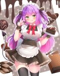  1girl absurdres alternate_costume apron back_bow black_dress black_ribbon black_thighhighs blunt_bangs bow bowtie box breasts brown_background buttons cake candy chocolate chocolate_cake collared_shirt cookie demon_girl demon_tail double-breasted dress earrings floating_hair food frilled_apron frilled_cuffs frilled_dress frills fruit gift gift_box green_eyes hair_ornament hair_ribbon hairclip heart heart-shaped_chocolate highres holding holding_chocolate holding_food holding_plate hololive hoshino_reiji jewelry large_breasts licking_lips light_blush long_hair looking_at_viewer maid maid_apron maid_headdress outline plate pleated_dress polka_dot polka_dot_background puffy_short_sleeves puffy_sleeves purple_hair red_bow red_bowtie ribbon shirt short_sleeves sidelocks simple_background single_earring strawberry tail thighhighs tokoyami_towa tongue tongue_out two-tone_background two_side_up virtual_youtuber walking white_apron white_background white_bow white_outline white_shirt wrist_cuffs 