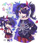  1girl :&lt; :p ame-chan_(needy_girl_overdose) black_choker black_eyes black_hair black_shirt blush_stickers choker commentary_request cropped_legs demon_horns demon_wings detached_sleeves earrings hair_ornament hair_over_one_eye hand_on_own_hip highres holding holding_phone horns jewelry long_hair looking_at_viewer multiple_views needy_girl_overdose official_alternate_costume phone plaid plaid_skirt pleated_skirt print_shirt red_horns red_skirt red_wings shirt skeleton_print skirt standing sushiuma_m t-shirt tongue tongue_out translation_request twintails wings x_hair_ornament 