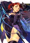  1girl absurdres alwaysregg black_jacket black_leotard black_mask breasts gloves hair_ribbon highres holding holding_mask jacket leotard long_hair long_sleeves mask masquerade_mask persona persona_5 persona_5_the_royal ponytail red_eyes red_gloves red_hair ribbon smile solo thighhighs yoshizawa_kasumi 