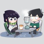  1boy 1girl absurdres artist_name black_hair black_pants blue_fire camping_chair chibi commentary cup_ramen fire flower fur-trimmed_jacket fur_trim green_jacket hair_flower hair_ornament highres j_humbo jacket komi-san_wa_komyushou_desu komi_shouko long_hair long_sleeves looking_at_another no_mouth no_nose pants portable_stove purple_eyes purple_hair scarf signature sitting steam table tadano_hitohito white_jacket 