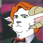 anonymous_artist anthro bovid bow_tie caprine clothed clothing eyebrows gingerdaniel goat green_eyes hair low_res male mammal orange_hair solo suit tucker_carlson wavy_hair