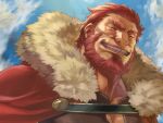  1boy beard cape dark-skinned_male dark_skin facial_hair facing_viewer fate/zero fate_(series) full_beard grin highres iskandar_(fate) male_focus mature_male muscular muscular_male pectoral_cleavage pectorals red_hair short_hair sky smile solo thick_beard thick_neck upper_body wrinkled_skin yomoyama_yotabanashi 