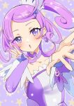  1girl breasts brooch choker collarbone cure_sword dokidoki!_precure earrings hair_ornament heart heart_brooch high_ponytail highres jewelry kenzaki_makoto magical_girl mikorin open_mouth precure purple_arm_warmers purple_background purple_choker purple_eyes purple_hair purple_skirt purple_theme short_hair skirt small_breasts smile solo spade_(shape) spade_earrings spade_hair_ornament starry_background upper_body 