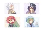  1girl 3others androgynous ascot black_hair black_hat black_shirt brown_capelet capelet chinese_commentary closed_mouth collared_shirt commentary_request frilled_hat frills green_eyes green_hair green_jacket hair_between_eyes hand_up hat hood hood_up hooded_jacket jacket jian_xing_zao len&#039;en long_sleeves medium_hair mob_cap multiple_others one_eye_closed open_clothes open_jacket open_mouth purple_eyes purple_jacket red_eyes red_hair shirt shitodo_aoji shitodo_hooaka shitodo_hoojiro shitodo_kuroji short_hair siblings sleeveless sleeveless_shirt solo wavy_hair white_eyes white_hair white_trim yellow_ascot 