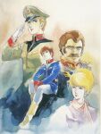  1970s_(style) 2boys 2girls amuro_ray belt blonde_hair boots brown_hair concept_art crowley_hamon earth_federation earth_federation_space_forces emblem facial_hair gloves gundam hat highres insignia looking_at_viewer manly matilda_ajan military military_uniform mobile_suit_gundam multiple_boys multiple_girls mustache official_art painting_(medium) production_art promotional_art ramba_ral retro_artstyle salute scarf science_fiction serious signature sitting traditional_media uniform watercolor_(medium) yasuhiko_yoshikazu zeon 