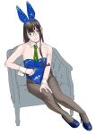  1girl alternate_costume black_hair black_pantyhose blue_footwear blue_leotard couch full_body glasses green_eyes green_necktie high_heels highres kantai_collection leotard long_hair looking_at_viewer necktie ojipon ooyodo_(kancolle) pantyhose semi-rimless_eyewear simple_background solo strapless strapless_leotard under-rim_eyewear white_background 