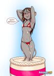 anthro bikini biped blush breasts brown_hair cake clothed clothing dessert english_text eyebrows female food fruit hair keiron_white looking_at_viewer mammal mouse murid murine one_eye_closed plant red_bikini red_clothing red_swimwear rodent sam_rodoric small_breasts smile smiling_at_viewer solo speech_bubble strawberry swimwear tail talking_to_viewer text