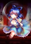  blue_eyes blue_hair breasts cleavage frilled_skirt frills hagoromo hair_ornament hair_rings hair_stick highres kaku_seiga keroyon leg_ribbon light_trail looking_at_viewer medium_breasts ofuda ribbon shawl short_hair short_sleeves skirt smile solo through_wall touhou wall_panel 