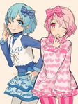  &gt;:) 1girl :o ;) blue_bow blue_eyes blue_hair bow brother_and_sister dorothy_west hair_bow kippu leona_west mole mole_under_eye one_eye_closed otoko_no_ko pantyhose pink_bow pink_eyes pink_hair pretty_(series) pripara short_hair siblings simple_background smile twins v-shaped_eyebrows 