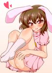  animal_ears ass black_hair brown_hair bunny_ears carrot dress eku_(threshold) heart inaba_tewi naughty_face red_eyes short_hair smile solo thighs touhou 