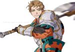  1boy 91007 armor axe boucheron_(fire_emblem) brown_hair fire_emblem fire_emblem_engage green_eyes green_trim holding holding_axe male_focus orange_shirt shirt shoulder_armor 