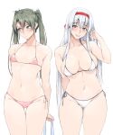  2girls adjusting_hair ass_visible_through_thighs averting_eyes bikini breasts brown_eyes green_hair grey_hair highres kantai_collection large_breasts long_hair looking_at_viewer multiple_girls navel pink_bikini shoukaku_(kancolle) side-tie_bikini_bottom small_breasts smile string_bikini swimsuit thigh_gap twintails white_background white_bikini zekkyon zuikaku_(kancolle) 