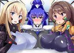  :d armor bangs blonde_hair blue_eyes blue_hair blush bodysuit breast_rest breasts ceiling frown gloves grey_hair hair_ribbon hairband half-closed_eyes high_ponytail impossible_bodysuit impossible_clothes indoors irisdina_bernhard large_breasts looking_at_viewer mitsurugi_meiya multiple_girls muvluv muvluv_alternative muvluv_total_eclipse nose_blush open_mouth pilot_suit ponytail purple_eyes raised_eyebrows ribbon schwarzesmarken shiny shiny_clothes sidelocks smile takamura_yui takara_joney time_paradox trait_connection upper_body 