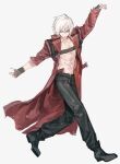  1boy belt_bra coat dante_(devil_may_cry) devil_may_cry_(series) devil_may_cry_3 fingerless_gloves full_body gloves highres long_hair male_focus masukawagen red_coat simple_background solo upper_body white_background white_hair 