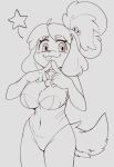 animal_crossing anthro black_and_white breasts canid canine canis clothing domestic_dog female glowhorn hi_res isabelle_(animal_crossing) looking_at_viewer mammal monochrome nintendo one-piece_swimsuit smile solo standing star swimwear tongue tongue_out 
