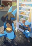  ^_^ blue_fur bright_pupils chufflepop closed_eyes commentary eevee english_commentary evolutionary_line highres lucario outdoors pikachu pointing pokemon pokemon_(creature) red_eyes riolu spikes standing tail vending_machine white_pupils 