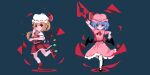  2girls ascot bat_wings blonde_hair blue_hair crystal_wings dress flandre_scarlet full_body hand_up hat hat_ribbon mary_janes miuu_000 mob_cap multiple_girls pink_dress pink_ribbon pixel_art red_ascot red_dress red_eyes red_ribbon remilia_scarlet ribbon shoes short_hair side_ponytail simple_background smile thighhighs touhou white_thighhighs wings yellow_ascot 