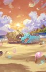  beach bidoof blue_skin brown_fur bubble cloud colored_skin commentary_request crocodilian crying dawn hakkentai_pokedan highres horizon lying no_humans on_stomach pokemon pokemon_(creature) pokemon_mystery_dungeon pokemon_mystery_dungeon:_explorers_of_time/darkness/sky sharp_teeth streaming_tears sunlight tail tears teeth totodile 