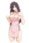 1girl black_eyes black_hair breasts cleavage collarbone cropped_legs dress genderswap genderswap_(mtf) highres large_breasts long_hair naruto naruto_(series) naruto_shippuuden parted_lips pelvic_curtain pink_dress ribbon_between_breasts simple_background solo spiked_hair uchiha_madara white_background 