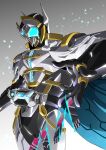  1boy absurdres amakawa_mayu armor blue_eyes cape character_request driver_(kamen_rider) full_armor gauntlets glowing glowing_eyes highres kamen_rider kamen_rider_outsiders kamen_rider_zein open_hand side_cape tokusatsu white_armor 