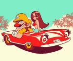  1boy 1girl absurdres atomiksaico big_nose blue_sky car cleft_chin convertible crop_top facial_hair gloves hat highres long_hair looking_at_viewer looking_back midriff motor_vehicle mustache on_vehicle overalls purple_overalls red_hair shirt sky smile smirk sunglasses tree wario wario_land wario_land_4 white_gloves yellow_hat yellow_shirt 