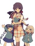  4girls age_difference aged_down apron arms_up black_hair blue_dress blue_eyes blue_skirt blunt_bangs blush_stickers brown_hair carrying chabashira_tenko child child_carry closed_eyes commentary_request danganronpa_(series) danganronpa_v3:_killing_harmony dress frilled_skirt frills frown green_eyes hairband hands_on_own_face harukawa_maki hat kneehighs long_hair looking_at_another looking_at_viewer low_twintails multiple_girls open_mouth red_eyes red_hair red_scrunchie red_shorts rikyusun scrunchie short_hair shorts sketch skirt socks standing twintails very_long_hair white_background white_hair witch_hat yonaga_angie yumeno_himiko 