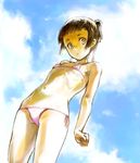  bikini blue_sky brown_eyes brown_hair character_request chikuwa_(tks) cloud day flat_chest from_below hair_bun hip_bones looking_at_viewer navel pink_bikini short_hair sky solo swimsuit 