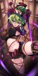  1girl arms_up black_shorts breasts commentary_request crop_top cropped_jacket entangled fishnet_top fishnets genshin_impact gloves green_hair highres hirai_yuzuki jacket kuki_shinobu large_breasts looking_at_viewer midriff navel no_mask partially_fingerless_gloves purple_eyes purple_jacket restrained rope short_shorts shorts solo stomach sweat thighs 