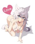  1girl animal_ears ass blue_eyes breasts completely_nude english_text eyebrows_hidden_by_hair fenrys full_body hair_between_eyes hair_censor hair_over_breasts heart highres kneeling large_breasts light_blush long_hair looking_at_viewer lv2_kara_cheat_datta_moto_yuusha_kouho_no_mattari_isekai_life nude paw_pose ray_(rays_26) shadow smile solo toes very_long_hair white_hair wolf_ears 