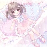  1girl brown_eyes brown_hair doll_joints dress from_above full_body hair_ribbon heart heart-shaped_pillow highres joints medium_hair momochi_chia open_mouth original paw_hair_ornament pillow pink_dress pink_footwear pink_ribbon ribbon sitting socks two_side_up white_socks 