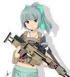  &gt;:) acog assault_rifle bad_id bad_pixiv_id bangs bow brown_eyes brown_gloves collarbone commentary crop_top english_commentary erika_kurosaka fn_mk_20_ssr fn_scar fn_scar_17 gloves green_skirt grey_hair groin gun hair_bow headset holding holding_gun holding_weapon kantai_collection laser_sight long_hair looking_at_viewer midriff navel plate_carrier ponytail rifle school_uniform scope serafuku shadow signature skirt smile sniper_rifle solo strap transparent_background trigger_discipline upper_body v-shaped_eyebrows vest weapon yuubari_(kantai_collection) 