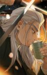  1boy beard blurry blurry_background cheekbones cup drinking facial_hair golden_kamuy grey_eyes hijikata_toshizou_(golden_kamuy) hinna_anything holding holding_sword holding_weapon indoors long_hair old old_man parrying solo_focus sword weapon white_hair yunomi 
