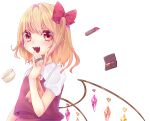  1girl ascot blonde_hair crystal_wings dress fang flandre_scarlet hair_ribbon lipstick makeup red_dress red_eyes red_ribbon ribbon simple_background solo touhou upper_body white_background yellow_ascot yuineko 
