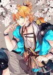  animal animal_on_shoulder cherry_blossoms green_eyes japanese_clothes kamekichi one_eye_closed open_mouth orange_hair petals sichol-bell smile sword touken_ranbu turtle urashima_kotetsu wakizashi weapon 