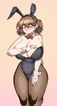  1girl :&lt; absurdres animal_ears bare_shoulders black_leotard blush bow bowtie breasts brown_eyes brown_hair brown_pantyhose captain_kirb cleavage commission curvy deep_skin detached_collar embarrassed fake_animal_ears fake_tail feet_out_of_frame furrowed_brow grabbing_own_breast highres huge_breasts ijiranaide_nagatoro-san leotard pantyhose playboy_bunny rabbit_ears rabbit_tail red_bow red_bowtie shikki_(nagatoro) short_hair short_twintails sleeves_past_wrists solo strapless strapless_leotard tail thick_thighs thighs twintails 