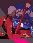  archer bad_id bad_pixiv_id blood blue_hair dark_skin dark_skinned_male fate/stay_night fate_(series) gae_bolg injury lancer multiple_boys polearm red_eyes spear tobak_2 torn_jacket weapon white_hair 