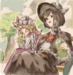  2girls belt bench blonde_hair bow brown_eyes brown_hair capelet cup disposable_cup drinking_straw hair_bow hat highres holding holding_cup long_hair long_sleeves maribel_hearn mob_cap multiple_girls oftooon open_mouth outdoors short_hair sitting skirt smile touhou usami_renko 