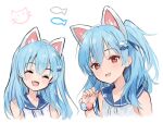  1girl aisu_(icicleshot) animal_ears blue_hair blue_sailor_collar blush cat_ears closed_eyes commentary_request fake_animal_ears fish_hair_ornament hair_between_eyes hair_ornament igarashi_haruna long_hair looking_at_viewer mahjong_soul medium_bangs multiple_views open_mouth red_eyes sailor_collar shirt simple_background sketch sleeveless sleeveless_shirt smile upper_body white_background white_shirt 