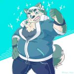  anthro bandanna belly canid canine canis domestic_dog eyebrows fur green_body green_eyes green_fur hi_res kemono kerchief lifewonders live_a_hero male mammal mokdai ottyo_kope overweight smile solo thick_eyebrows wristband 