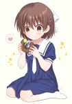 1girl :t blue_dress blush bow brown_eyes brown_hair clannad closed_mouth commentary_request doughnut dress eating food food_on_face full_body hair_between_eyes hair_bow heart highres holding holding_food kneehighs nakamura_hinato necktie no_shoes okazaki_ushio puffy_short_sleeves puffy_sleeves school_uniform short_sleeves simple_background sitting socks solo spoken_heart wariza wavy_mouth white_background white_bow white_necktie white_socks 