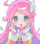  1girl absurdres ahoge blue_eyes blush flying_sweatdrops highres long_hair long_sleeves looking_at_viewer offbeat open_mouth pink_hair puyopuyo raffina_(puyopuyo) simple_background solo white_background 