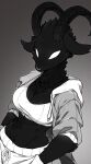 2024 anthro black_body black_fur bovid bra breasts caprine cleavage clothed clothing digital_media_(artwork) female fur goat hoodie horn mammal midriff monochrome navel no_pupils punipaws solo sweatpants topwear underwear