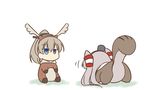  all_fours alternate_costume amatsukaze_(kantai_collection) animal_costume blue_eyes brown_hair hair_tubes hat high_ponytail kantai_collection kumano_(kantai_collection) long_hair miyo_(miyomiyo01) multiple_girls ponytail silver_hair simple_background sitting squirrel_costume squirrel_tail tail two_side_up white_background 