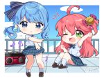  1girl ;d ahoge aogami_high_school_uniform bell bibideba_(hololive) blue_eyes blue_hair blue_skirt blush boombox chibi chibi_only commentary_request dancing flower_in_eye full_body green_eyes hair_bell hair_ornament hand_up highres hololive hoshimachi_suisei long_hair medium_hair miniskirt momone_cco official_alternate_costume on_rooftop one_eye_closed one_side_up pink_hair pink_shirt pleated_skirt railing sakura_miko school_uniform shirt shuu_(inazuma_eleven) side_ponytail signature sitting skirt smile socks sweat symbol_in_eye triangle_mouth virtual_youtuber white_shirt white_socks 