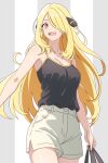  1girl :d alternate_costume asairosora bare_arms blonde_hair blush breasts cleavage commentary_request cynthia_(pokemon) earrings eyelashes hair_ornament happy highres holding jewelry long_hair open_mouth pokemon pokemon_dppt shirt shorts sleeveless sleeveless_shirt smile solo teeth upper_teeth_only 