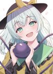  1girl :d black_hat blush bow bright_pupils commentary_request crossed_bangs eyelashes falling_petals floating_hair frilled_shirt_collar frilled_sleeves frills green_eyes green_hair hair_between_eyes hands_up happy hat hat_bow head_tilt highres holding_eyeball kamachi_(kamati0maru) komeiji_koishi long_sleeves looking_at_viewer medium_hair open_mouth petals shirt simple_background smile solo third_eye touhou upper_body white_background wide_sleeves yellow_bow yellow_shirt 
