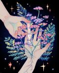  1other ambiguous_gender artist_name black_background commentary english_commentary fingernails flower hand_focus highres holding holding_syringe injection original pink_flower plant purple_flower snowlattes solo star_(symbol) syringe 