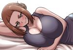  1girl arm_behind_head arm_under_breasts black_shirt black_tank_top blush breasts bright_pupils brown_eyes brown_hair cleavage clenched_teeth grin hair_bun highres huge_breasts kaii_to_otome_to_kamigakushi kiteman442 looking_at_viewer lying medium_hair mole mole_under_eye ogawa_sumireko on_side shiny_skin shirt sidelocks simple_background smile solo tank_top teeth thick_eyebrows upper_body white_background white_pupils 