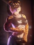 3d_(artwork) abs amber_eyes anthro athletic athletic_anthro athletic_female athletic_wear black_hair bottomwear bra breasts cheetah chenira_(johnwulffe) clothing digital_media_(artwork) erect_nipples eyewear facial_markings felid feline felis female fist flexing flexing_bicep fur glasses grin gym gym_bottomwear gym_shorts hair head_markings inside johnwulffe long_hair looking_at_viewer mammal markings medium_breasts muscular muscular_anthro muscular_female nipple_outline nipples portrait shorts smile solo sports_bra spots spotted_body spotted_fur standing teeth tight_clothing underwear upper_body whiskers yellow_body yellow_fur