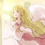  1girl airisuotog angel_wings bird blonde_hair feathered_wings fire_emblem fire_emblem:_path_of_radiance fire_emblem:_radiant_dawn green_eyes heron highres leanne_(fire_emblem) twitter_username white_wings wings 
